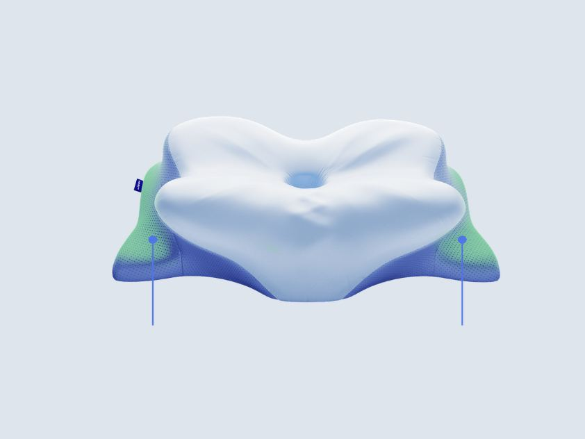 Melara Apex Pillow 外觀示意：白色蝶形凹面，搭配藍綠色側翼